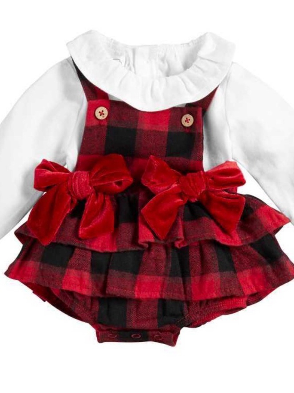 Mud Pie Red and Black Buffalo Plaid Romper with White Ruffle Collar 0/3